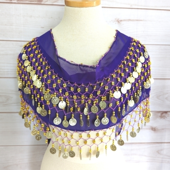Chiffon Beaded Three Row Coin Festival Belt Scarf Wrap in Purple and Gold - Picture 3 of 14